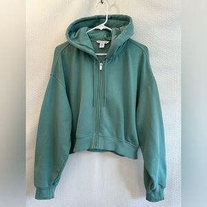 Athleta Forever Fleece Green Crop Full Zip Hooded Sweatshirt Size: Large